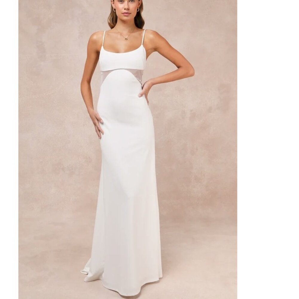 Lulus Euphoric Eloquence White Sheer Mesh Pearl Sleeveless Maxi Dress XS NWOT - Picture 4 of 5